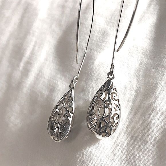 VINTAGE Sterling Silver Drop Filigree Scroll Cutout Dangle Earrings - Picture 6 of 7